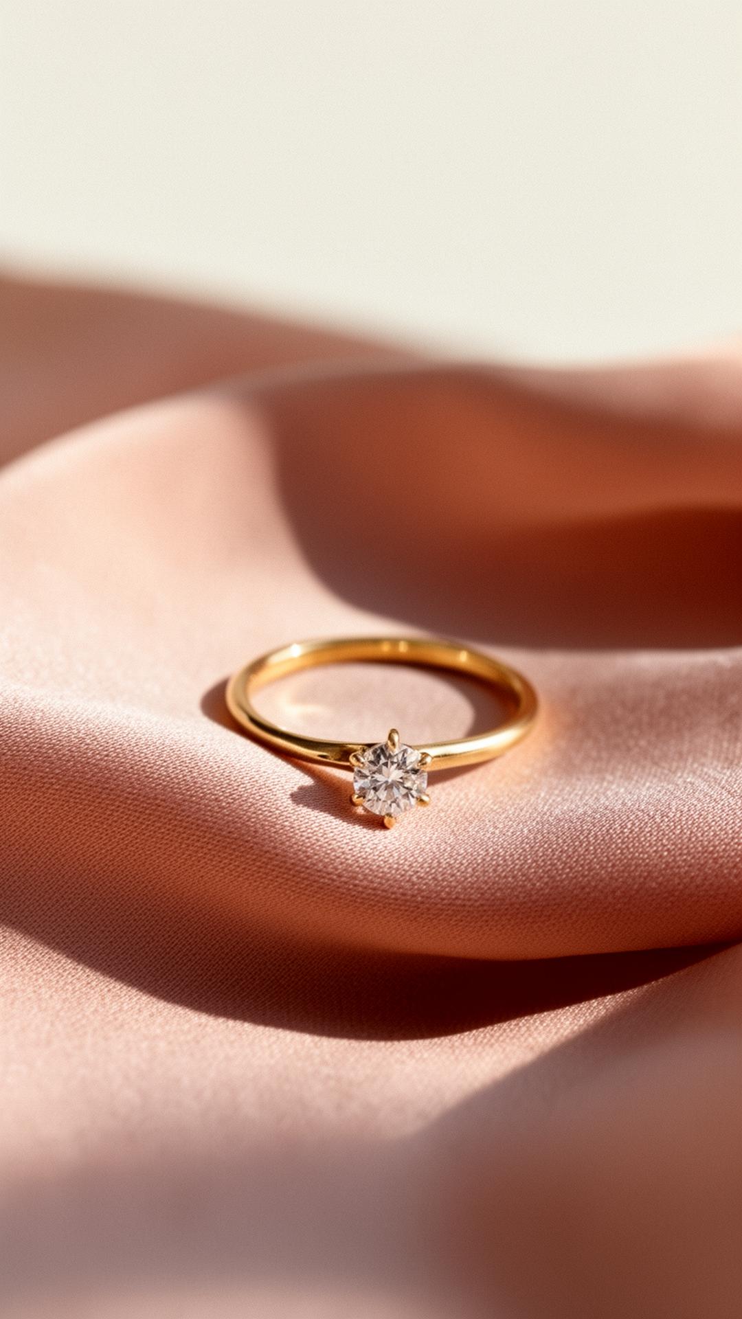A gold ring with a tulip-cut diamond resting on blush silk